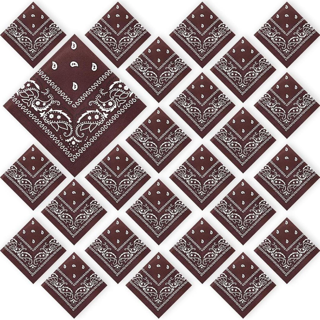 Tranqun 24 Pcs Bandanas Bulk 21.25 x 21.25 in Large Bandana Headband Paisley Cowboy Polyester Bandanas Scarf for Men Women (Brown)