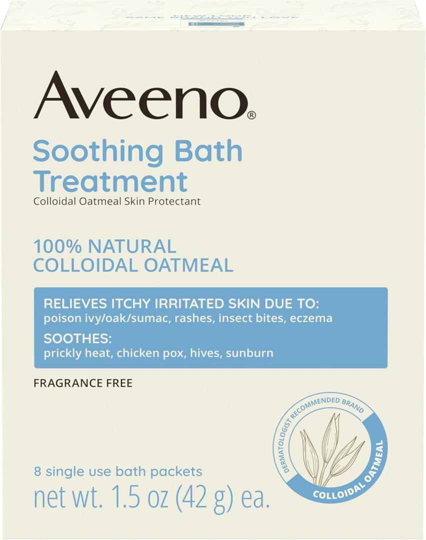 Aveeno Fragrance-Free Soothing Bath Treatment & Soak for Soothing Relief, 100% Colloidal Oatmeal, Relieves Itchy, Irritated Skin Due to Eczema, 8 Single-Use Bath Packets