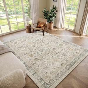 Washable 6x9 Area Rugs for Living Room, Boho Non-Slip Vintage Distress Large Rugs for Bedroom Dining Room Nursery Office, 0.3" Neutral Oriental Throw Thin Carpet, Grey/Beige/Orange/Multi