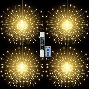 Firework Lights Waterproof Hanging, 200 LED Battery Operated Decorative String Lights Outdoor for Wedding, Party, Backyard, Patio Indoor Fairy Night Light for Home Decor, Bedroom Rechargeable, 4 Pack (Yellow)