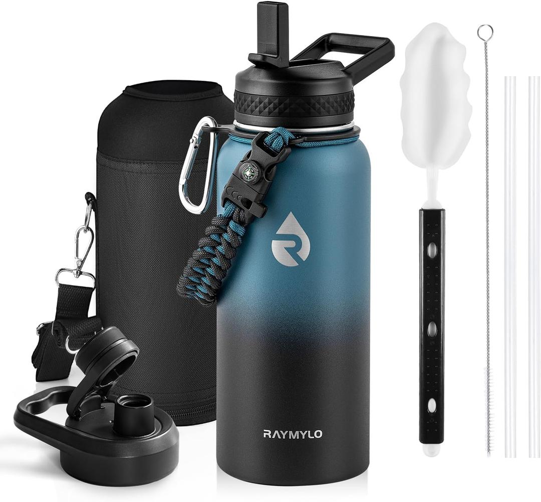 Insulated Water Bottle 32 oz, Triple Wall Vacuum Stainless Steel (Cold for 48 Hrs, Hot for 24Hrs), Leak Proof & Non-BPA, 32oz Hydro Water Flask with Paracord Handle & Straw Spout Lids (Indigo/Black)