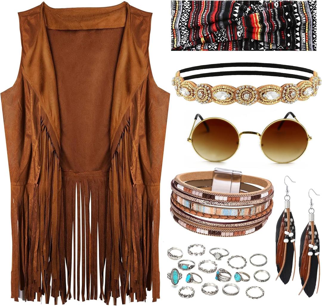 60s 70s Outfit for Women Hippy Accessories Fringe Hippie Vest Clothes for Halloween Disco Party Hippie Costume Set (Medium)