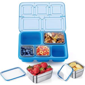 Freshmage Stainless Steel Snackle Box Container, 5 Compartment Lunch Bento Box, Reusable Food Storage Snack Box for School, Work, and Travel, BPA Free and Dishwasher Safe, Blue (1 Pack)