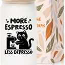 Shqiueos Funny Cat Frosted Glass Tumbler with Lid and Straw 16oz, Cute Coffee Cup for Cat Lovers, Cheer Up Gift for Friends Coworkers, Iced Coffee Glass