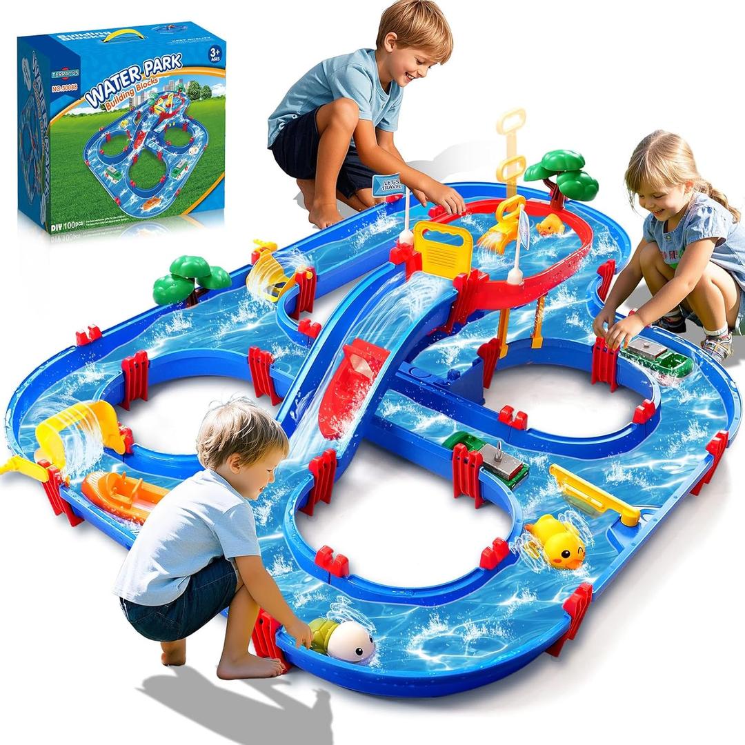 TERRAMUS Double-Tier Kids Water Table Toys, 100PCS Water Park Playset with Pump, DIY Toddler Waterways, Summer Outdoor Toys for Backyard,Lawn,Beach,Pool, Outside Activity Funs for Boys Girls 4-8 3-5