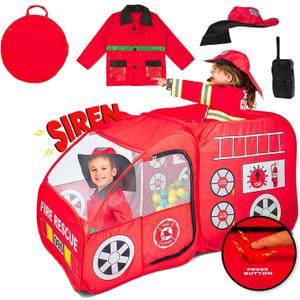 Kiddey Fire Truck Tent for Kids | Firetruck Play Tents with Sirens and Fireman Sounds for Girls, Boys, & Toddlers Gifts | Red Fire Engine Pop Up Playhouse with Costume | Indoor & Outdoor Baby Tent