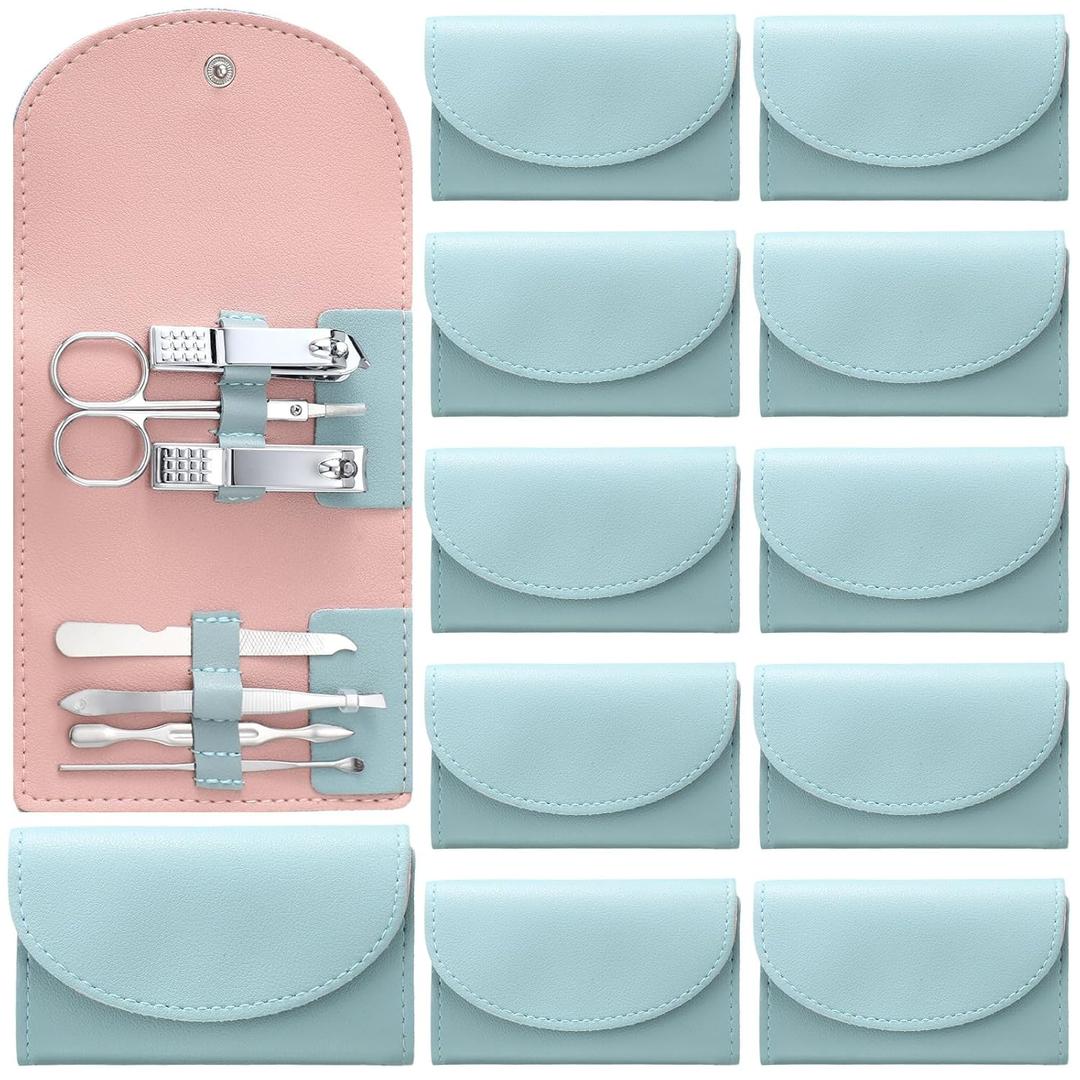 12 Set Manicure Set Bulk Mini Manicure Nail Clipper Kit 7 in 1 Stainless Steel Professional Nail Care Pedicure with Travel Portable Bag Grooming Kits for Women Men Home(Green)