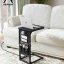 C-Shaped End Table with Fast-Charging Station, Small Couch Side Table with Storage Bag, Sofa TV Tray Table for Living Room, Bedroom, Bedside ET-BK-1