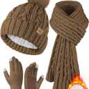 Winter Hat Scarf Gloves Set,Fleece Lined Pom Pom Beanie Hat Warm Knit Long Scarf Touchscreen Gloves Winter Gifts for Women (Brown)