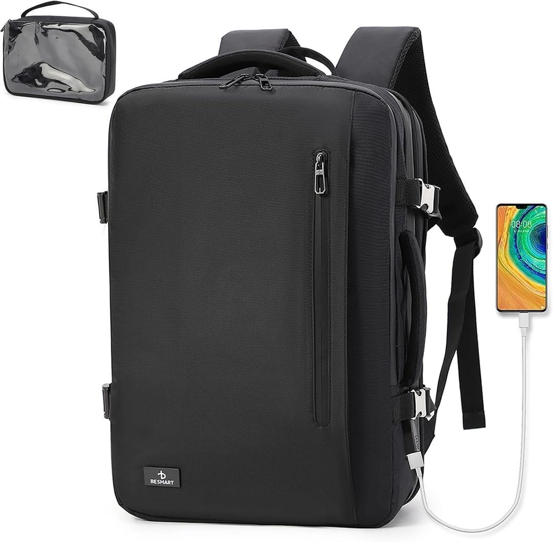 BESMART 38L Expandable Travel Backpack for Men, TSA Flight Approved Carry On Fits 17" Laptop, Waterproof Anti-Theft Backpack with USB Charging Port/Luggage Sleeve/Removable Wash Bag for Business Trip, Large