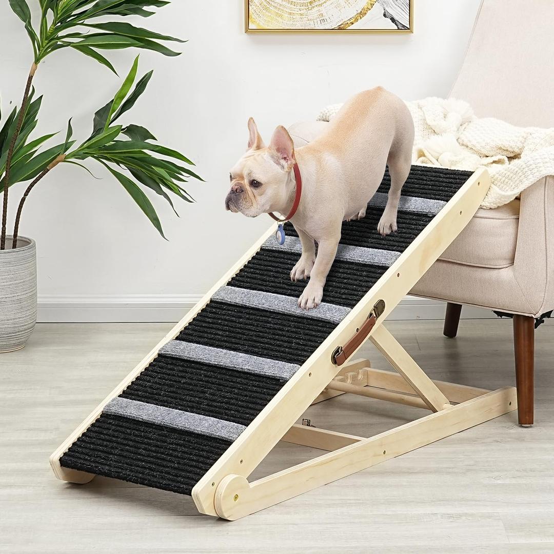 Wooden Adjustable Pet Ramp for All Dogs and Cats - Non Slip Carpet Surface and Foot Pads - 40" Long and Adjustable from 12 to 26 - Up to 200LBS - Folding Dog Car Ramps for SUV, Bed, Couch (Burlywood(grey))
