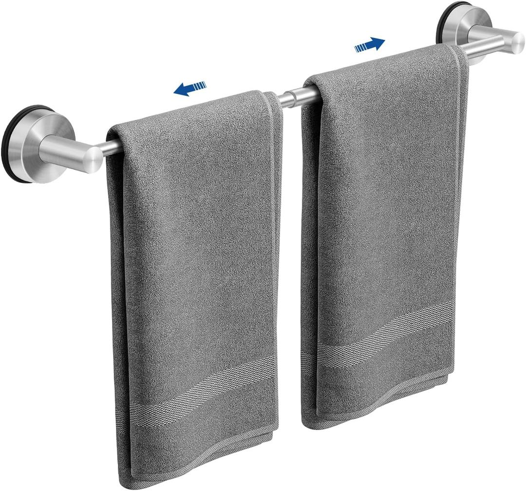 Adjustable Suction Cup Towel Bar for Bathroom Wall, 14.624 Inches Brushed Nickel Towel Bar, Stainless Steel Bath Towel Holder, Towel Racks for Bathroom Shower (Brushed Nickel)