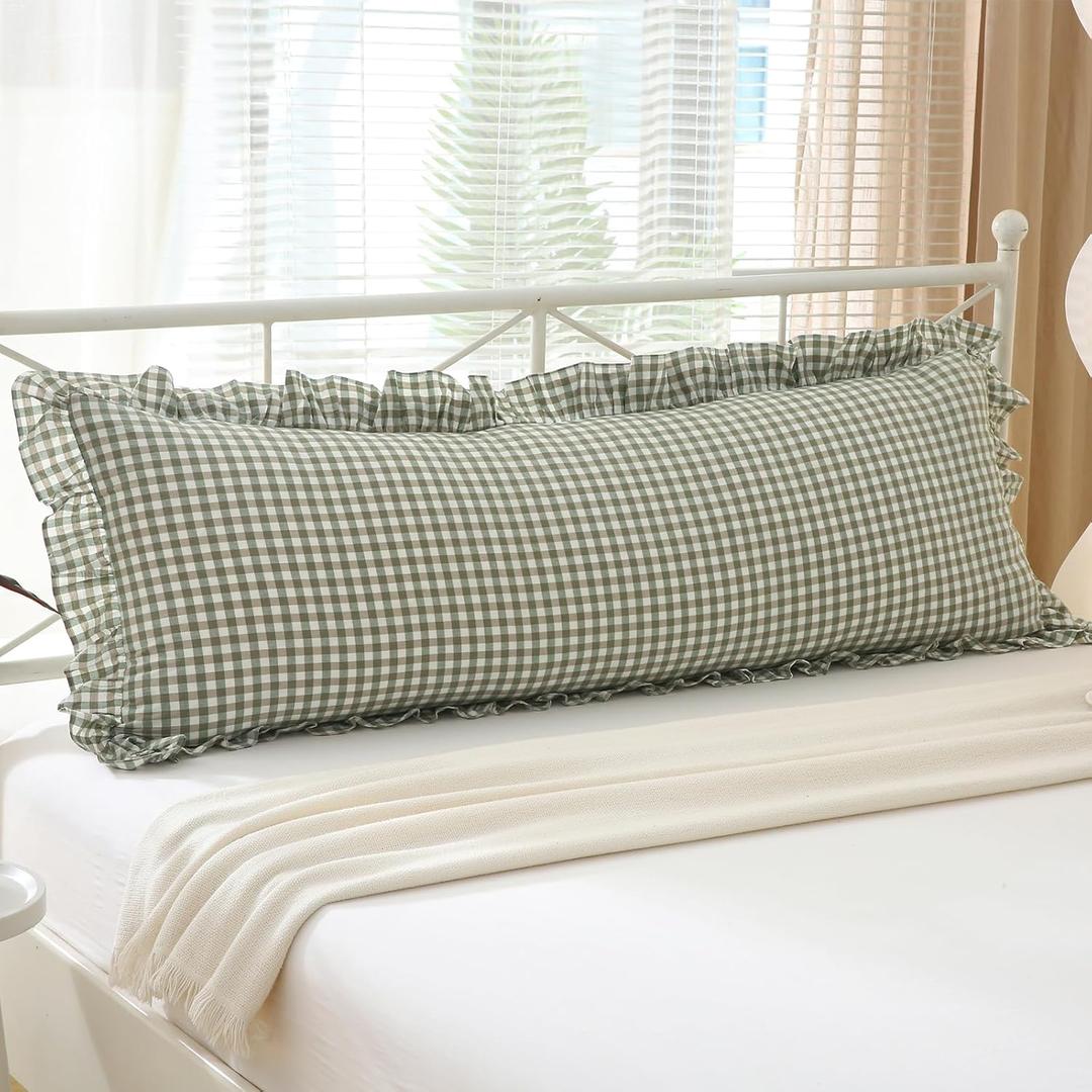 Sage Green White Plaid Gingham Body Pillow Cover with Ruffles 20x54 inches, 100% Cotton Rustic French Country Vintage Pillow Shams for Bed/Sofa (20x54 inches, Sage Green/White Plaid)