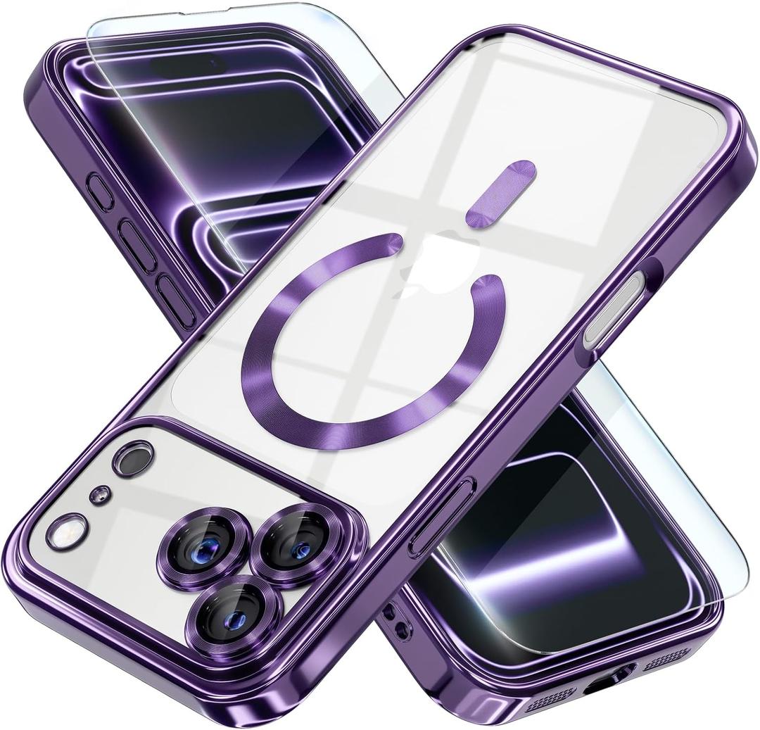 Misea Magnetic for iPhone 17 Pro Case Compatible with MagSafe [Never Yellowing] [Military Grade Drop Protection] Full Camera Lens Protector Plating Soft Clear Phone Case for Women, Deep Purple