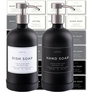 Hand and Dish Soap Dispenser for Kitchen and Bathroom, Set of 2 16 Oz Glass Bottles, Stainless Steel Pumps, Non-Slip Silicone Base, 27 Waterproof Labels (Matte Black Bottle/Brushed Silver Pump)
