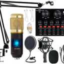 Podcast Equipment Bundle, BM-800 Mic Kit with Live Sound Card, Adjustable Mic Suspension Scissor Arm, Metal Shock Mount and Double-Layer Pop Filter for Studio Recording & Broadcasting