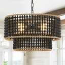 Dia 22 Inch Boho Wood Bead Chandelier Farmhouse, Bohemia Dining Room Light Fixture Over Table, Black Bead Pendant Chandelier for Bedroom Kitchen Hallway Entryway Nursery Living Room Foyer