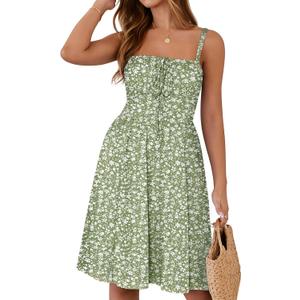 YATHON Summer Mini Corset Sun Dress for Women Short Casual Square Neck Lace Up Floral Beach Vacation Dresses with Pockets (Green, S)