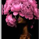 ZSHARTSWD African American Canvas Wall Art Black Woman with Flowers on Head Picture Abstract Black Girl Painting Prints for Girls Room Bathroom Decor Framed (Pink, 20L x 16W)