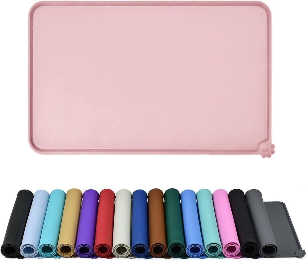 Waterproof Pet Feeding Mat with High Raised Edges, Heavier and Thicker Placemats for Cat Dog Water Bowl with BPA Free, Dogs Cats Food Mats for Messy Drinkers to Prevent Spill and Protect Floors (24" x 16", Misty Rose)