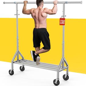 Upgraded 100% Stainless Steel Clothing Rack Load 760LBS, Heavy Duty Clothes Racks with Larger & Sturdy Wheel, Extendable & Adjustable Rolling Garment with Shelves for Hanging Portable Closet Rack (Silver)