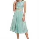 AbleTree Women's Satin Midi Dress Sleeveless Elegant Shirt Collar Pleated A Line Dress with Belt for Office Work Business Casual Wedding Guest Party Sage Green XXL