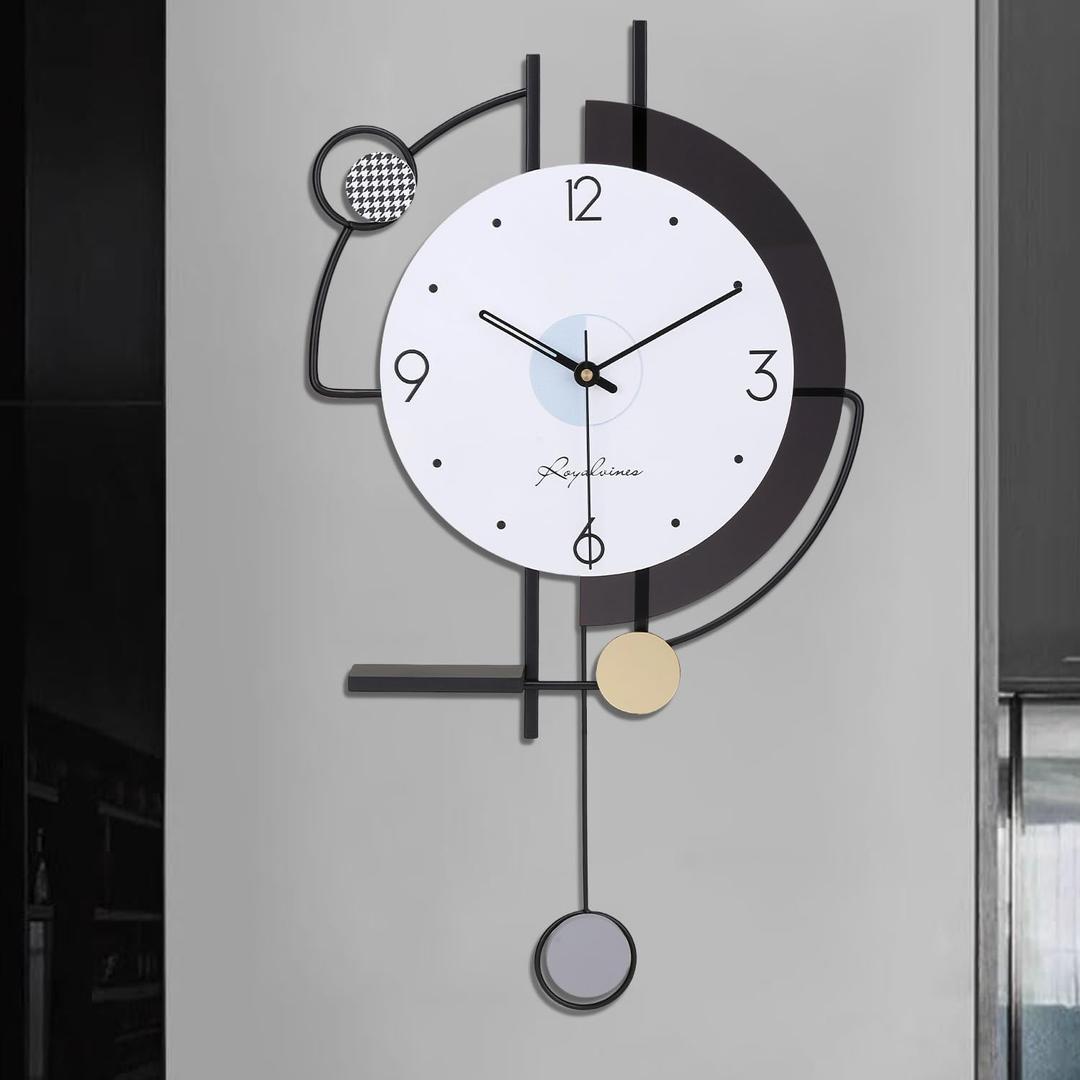 Large Wall Clocks, Silent Movement Clock Metal Creative Wall Art Non Ticking Battery Operated Quartz Modern Decorative Clock for Living Room Kitchen Bedroom / 13 * 23.6 Inch (White-203)