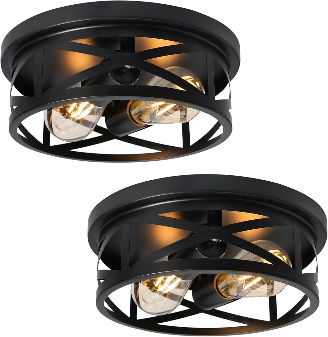2-Light Flush Mount Ceiling Light Fixture, Farmhouse Ceiling Lights for Kitchen, Modern Black Close to Ceiling Light for Hallway Bedroom Balcony Porch Stairway, E26, (2 Pack) (10.8 inch)