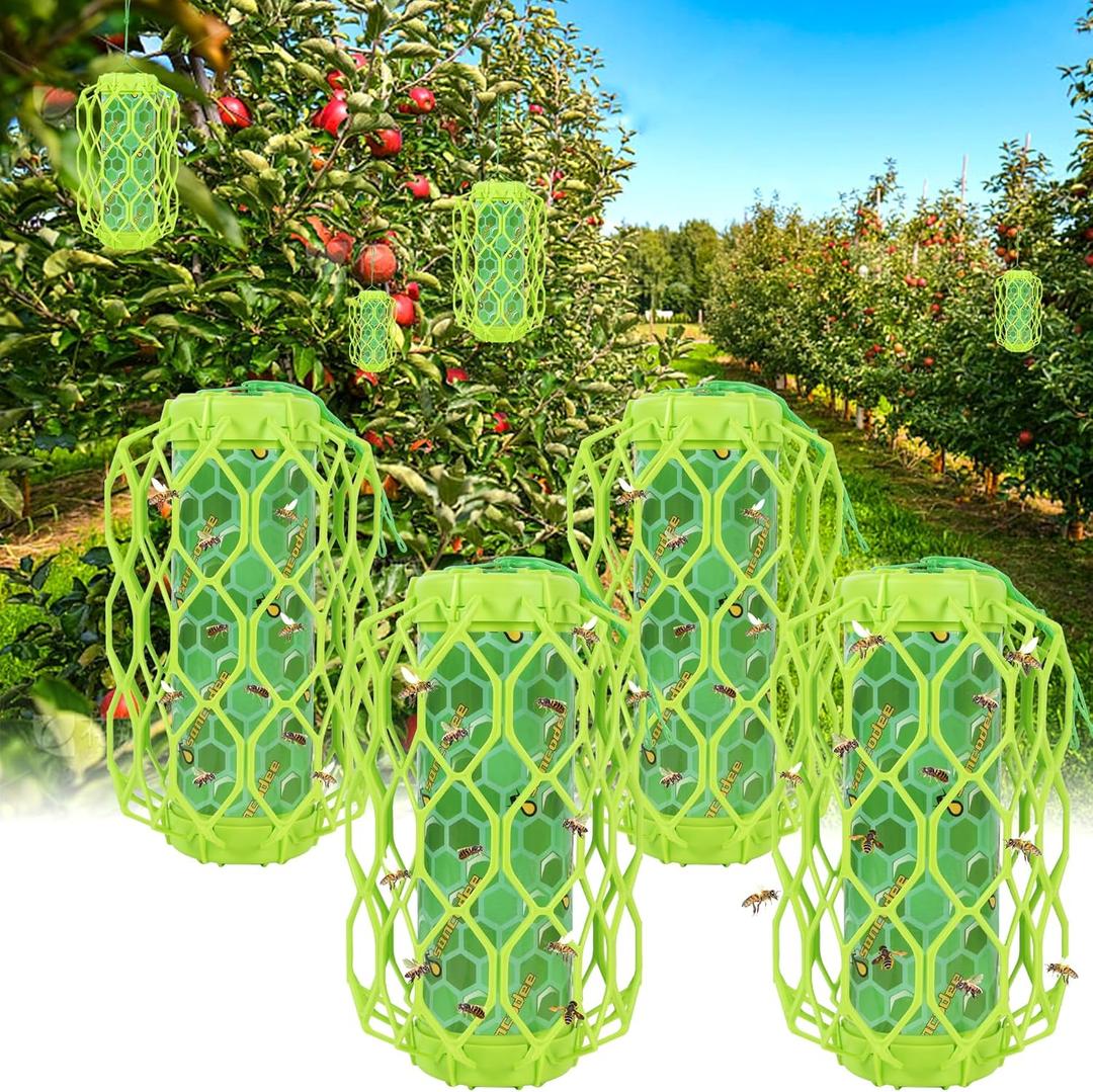 4 Pack Upgraded Wasp Trap Outdoor Hanging, Carpenter Bee and Hornet Catcher, Reusable Yellow Jacket Trap with Bait Reservoir, Bee Killer and Wasp Catcher for Outside (Green)