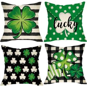 St. Patrick's Day Lucky Clover Decorative Throw Pillow Covers 18x18 Set of 4, Shamrock Black White Buffalo Plaid Check Outdoor Home Decor, Spring Farmhouse Irish Holiday Couch Cushion Case