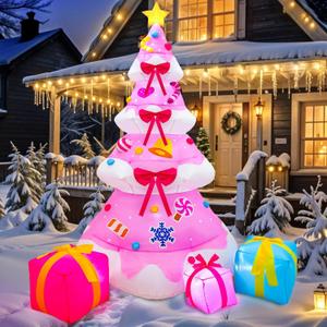 OurWarm 8FT Christmas Inflatable Outdoor Decoration, Pink Inflatable Christmas Tree with 3 Gift Boxes Christmas Blow Ups Yard Decorations with Built-in LED Lights for Outside Xmas Garden Lawn Decor