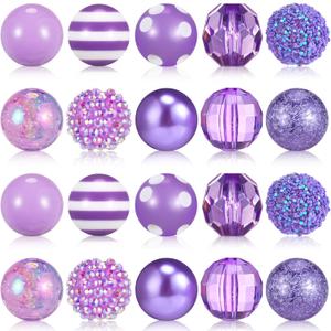 Ferreve 20 Pcs Chunky Bubblegum Beads 20mm Focal Pen Large Rhinestone Pearl Beads for DIY Beadable Pen School Jewelry Making Keychain Craft Making(Light Purple)