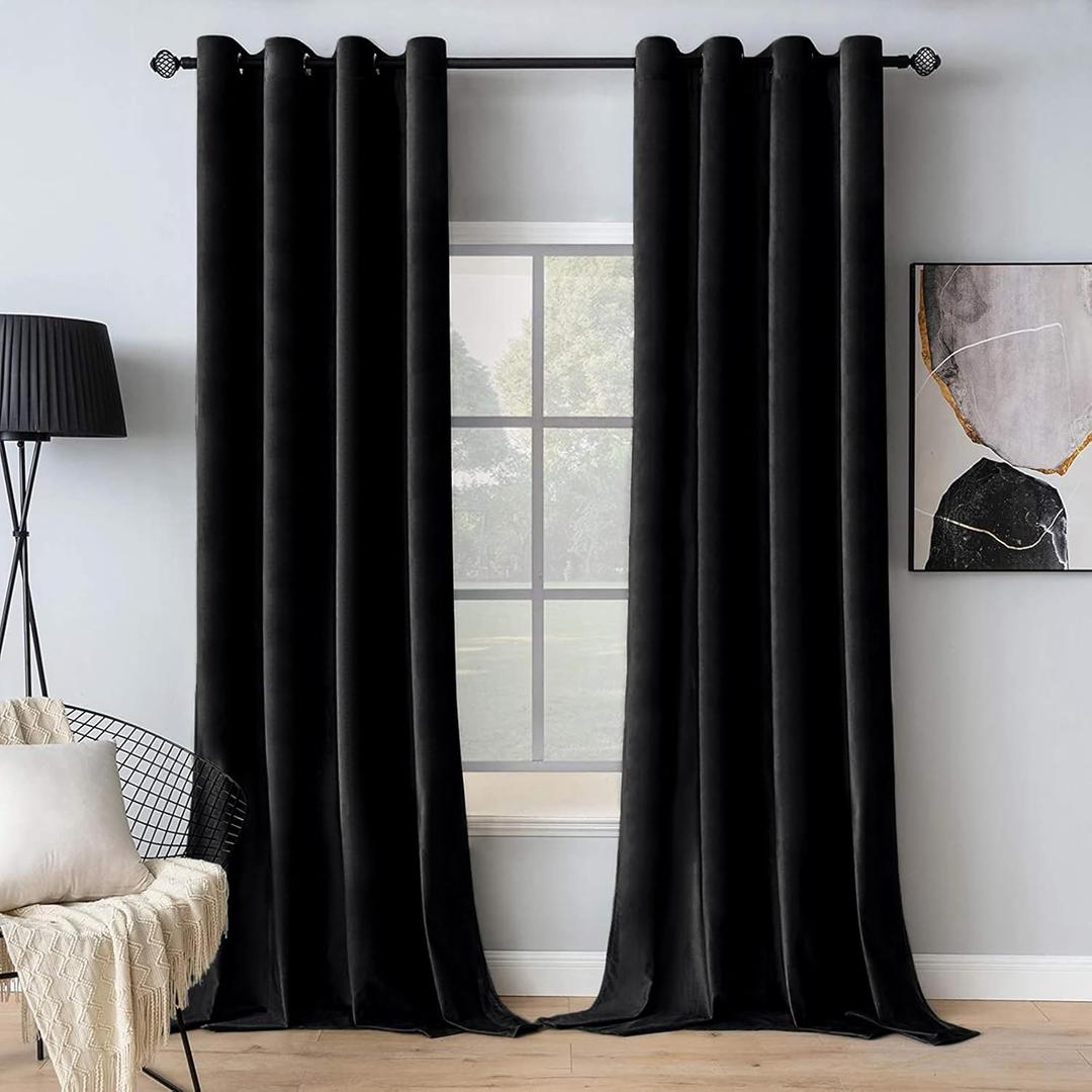 MIULEE Black Velvet Curtains 84 Inches Long Halloween Room Darkening Blackout Curtains with Grommet Top for Bedroom/Living Room Light Blocking Thermal Insulating Soundproof Set of 2