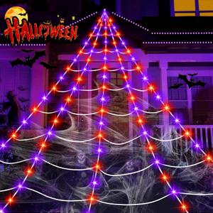 Halloween Decorations Outdoor, 250LED 23x18 FT Giant Spider Web with Purple Orange Lights, Lighted Triangular White Spider Web with Sturdy Wire, Waterproof, Timer, 8 Modes for Yard Halloween Dcor