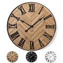 Large Wall Clock 24" Round - Silent Metal & Wood Large Farmhouse Wall Clock For Living Room Decor with 3D Roman Numerals - No Ticking - Noiseless Big Wood Decorative Clocks for Living Room Decor