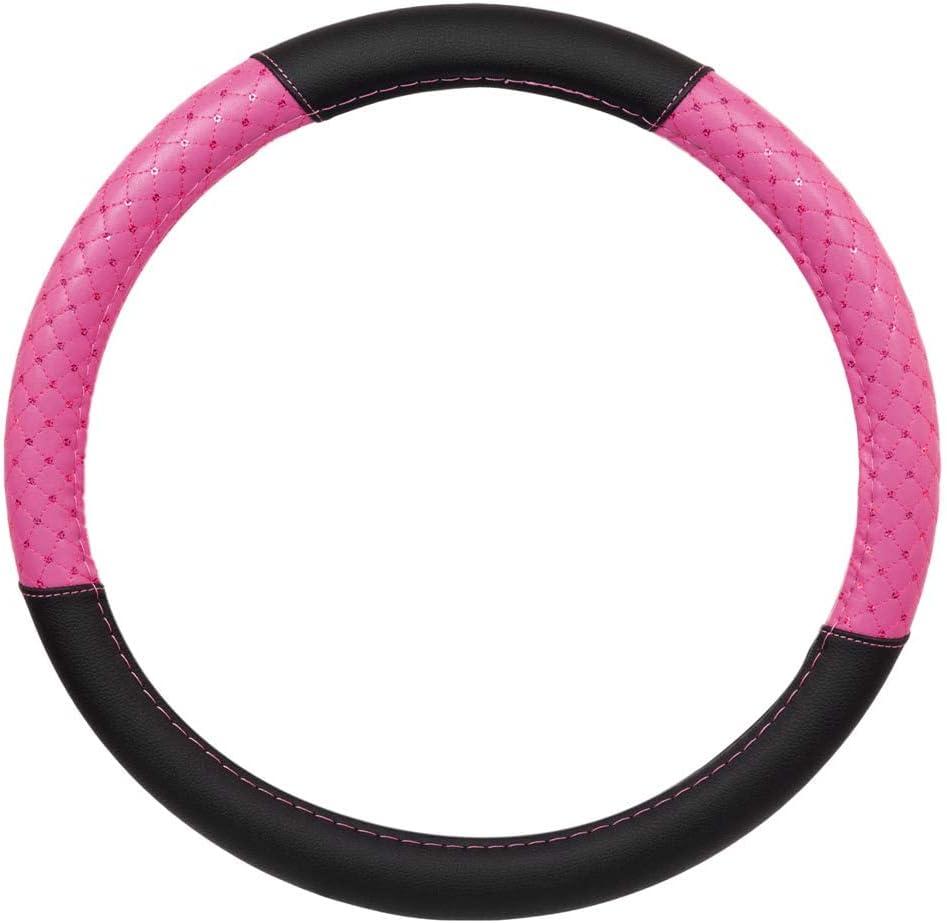 BDK CarXS Diamond Quilt Steering Wheel Cover, Pink Breathable Anti-Slip Protector with Bling Bling Sequin for Women, Fits Most Standard Wheel Sizes 14.5-15 inch