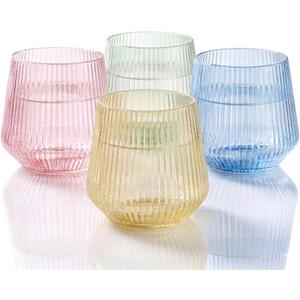40 Pack Disposable Stemless Plastic Wine Glasses 12 oz - Origami Ribbed Shatterproof Reusable BPA-Free Recyclable Unbreakable Cocktail Cups, Champagne Wedding Birthday Party, Oojami (Color Collection)