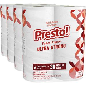 Amazon Brand - Presto! Ultra-Strong 2-Ply Toilet Paper, 24 Mega Rolls = 120 Regular Rolls, 308 Sheets Per Roll, Unscented