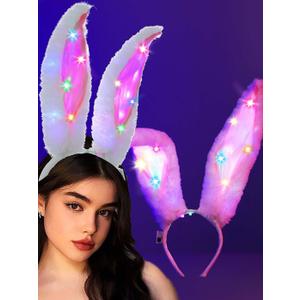Light Up Bunny Ears Headbands Led Glow Hair Hoop Luminous Rabbit Ears Hair Bands Furry Bunny Headpiece for Women (White Pink)