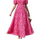 BTFBM Women's 2024 Summer Floral Maxi Dress Short Sleeve Dress Backless Beach Long Dresses for Vacation（Rose Red Flower, X-Large