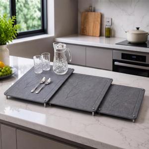 3 Tiers 24"x16" & 20"x16" &16"x12" Large Nesting Stone Dish Drying Mats for Kitchen Counter Absorbent Quick Dry Diatomaceous Earth Mat with Non-slip Feet for Pot Dishes Tableware (Dark Gray), 
