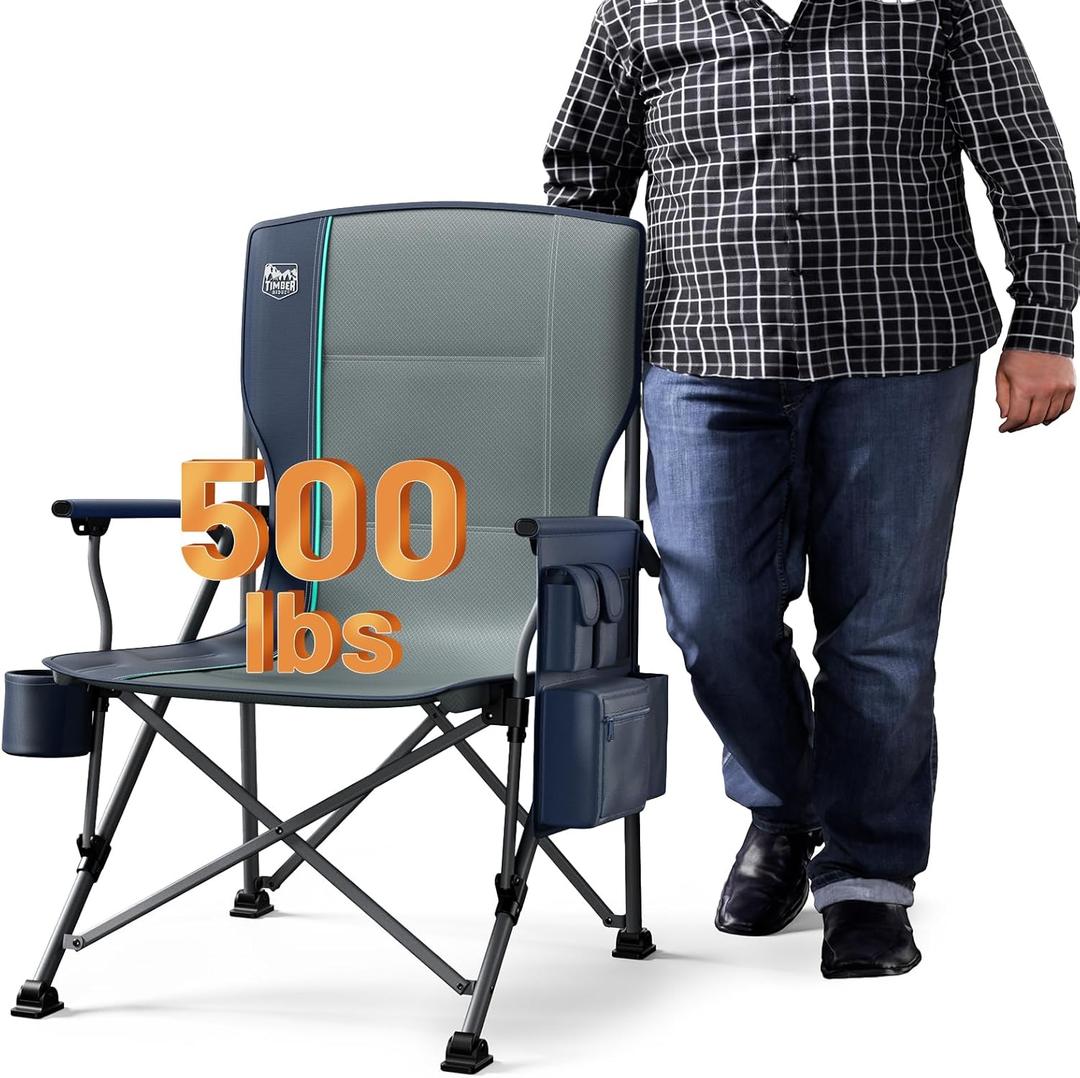 TIMBER RIDGE Oversized Folding Camping Chair High Back Heavy Duty for Adults Support up to 500lbs with Cup Holder, Side Pocket Cooler Bag (Blue)
