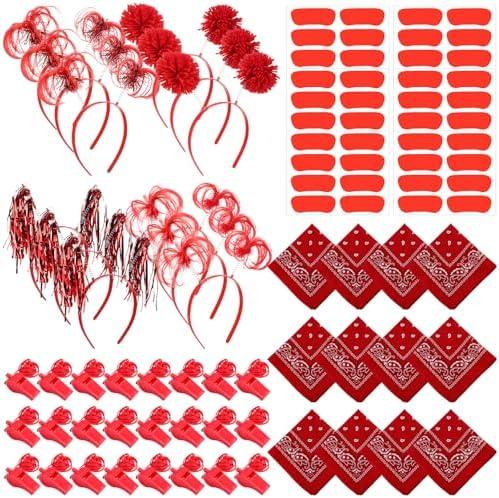 Canlierr 54 Pcs Team Spirit Items Bulk Team Spirit Week Accessories Include Pom Pom Headbands Bandana Whistles Stickers for Sports Events Cheering Essentials(Red)