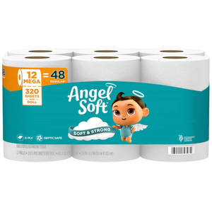 Angel Soft Toilet Paper, 12 Mega Rolls = 48 Regular Rolls, Soft and Strong Toilet Tissue
