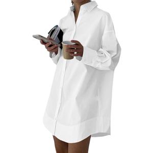LYANER Women's Casual Shirt Dress Collar V Neck Button Down Loose Long Sleeve Mini Dresses (Medium, White)