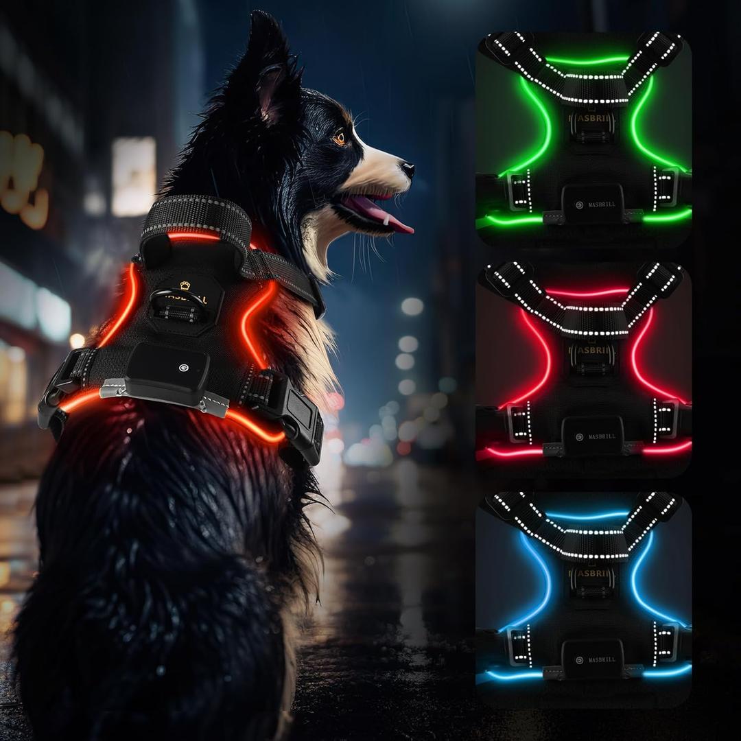MASBRILL Light Up Dog Harness - No Pull Led Dog Harness Rechargeable Glow Vest for Night Walking Adjustable Sizes, L
