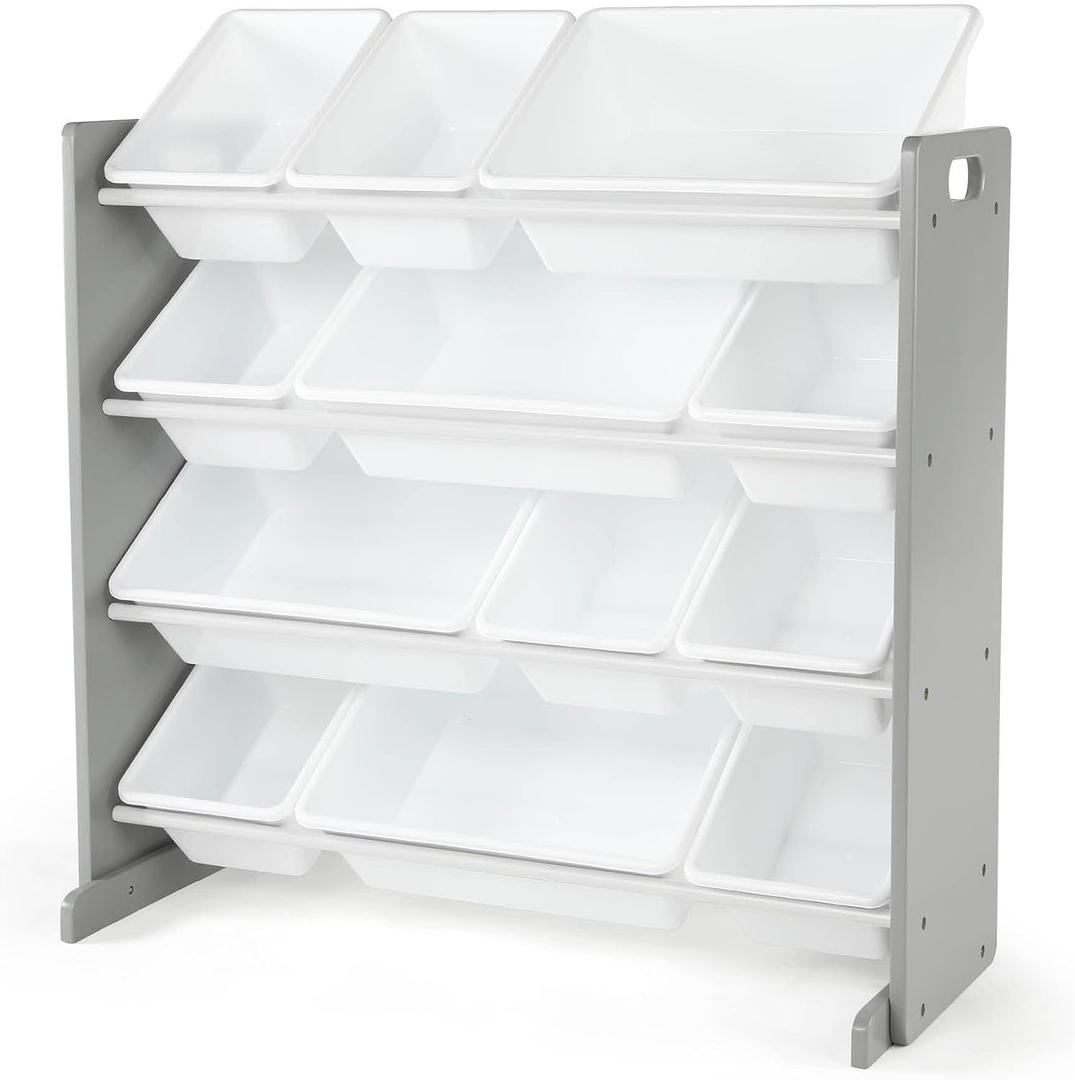 Humble Crew Toy Storage Organizer with 12 Removable Storage Bins for Kids Playroom, 4-Tier Toddler Toy Organization, Grey/White, 34 X 16 X 31 Inches