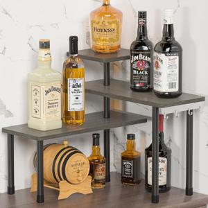 ZHWS Kitchen Countertop Organizer, Bathroom Counter Organizer, Adjustable 3 Tier Corner Shelf with 4 Metal Hooks for Counter Organize, Spice Rack, Makeups, Coffee Station Bookshelf (Rustic Grey) (16.9x16.9x15.3)