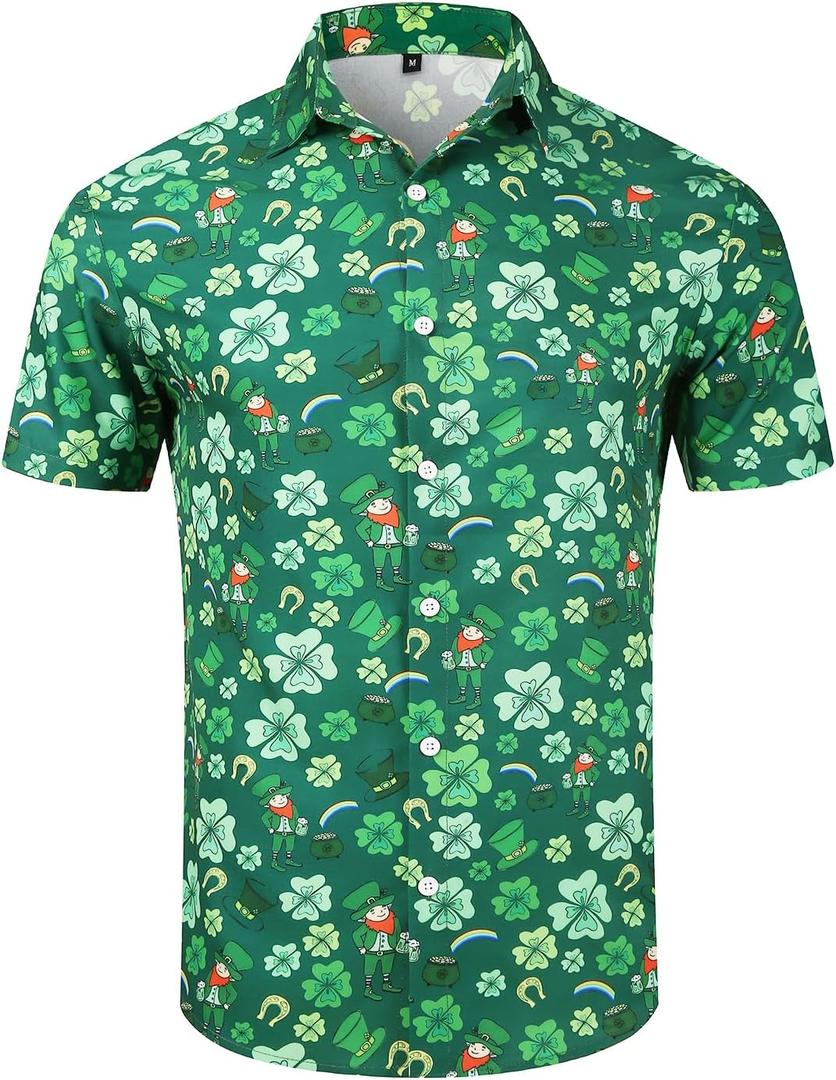 Mens St. Patrick's Day Shirt Hawaiian Shirts for Women Irish Clover Printed Casual Short Sleeve Summer Beach Top Costume (Green, XXL)