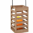slatted wooden lantern with a black metal handle and natural finish 11"
